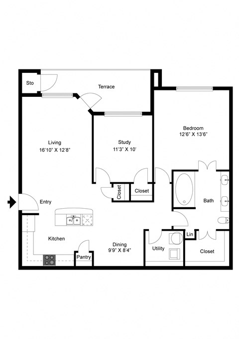 Floor plan for 2 beds, 1 bath, 1025 sqft